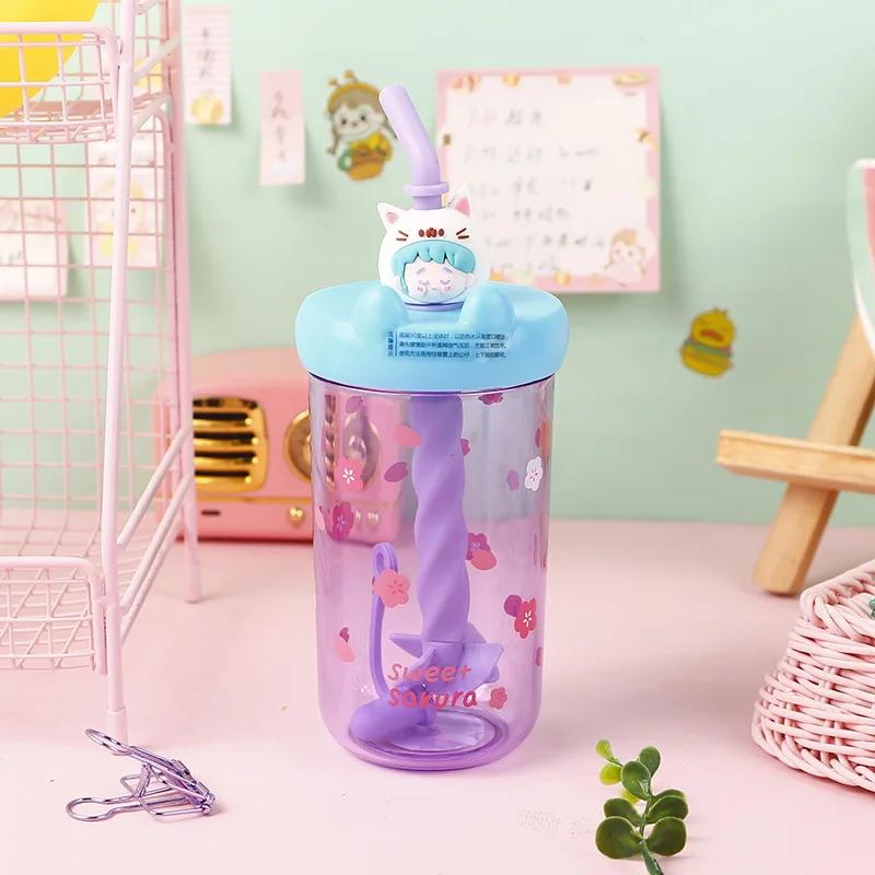 Cute Water Bottle Childrens Fun Cartoon Summer Transparent Plastic Stirred Ice Straw Water Cup Personalized Girl Cou